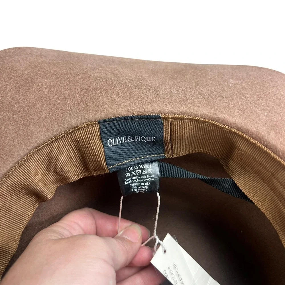 Olive & Pique Brown Wool Wide Brim Fedora Hat Adjustable Boho Ribbon Trim NWT